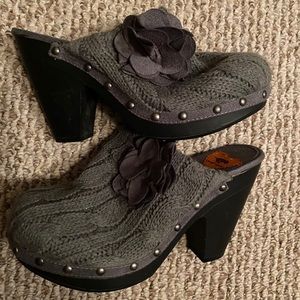 Gray Corduroy with Flower Studded Clogs